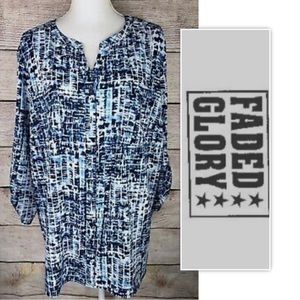 Faded Glory Blue/White Roll Tab Sleeve Knit Blouse